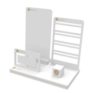 Jewelry Display Stands for Retail: White Acrylic Set with Gold Trim and Logo
